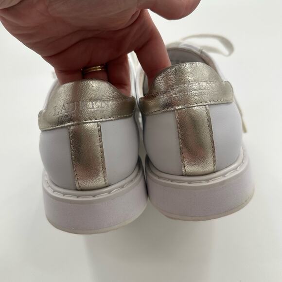Lauren Ralph Lauren White Angeline IV Action Leather Sneakers Gold Accents Sz 9